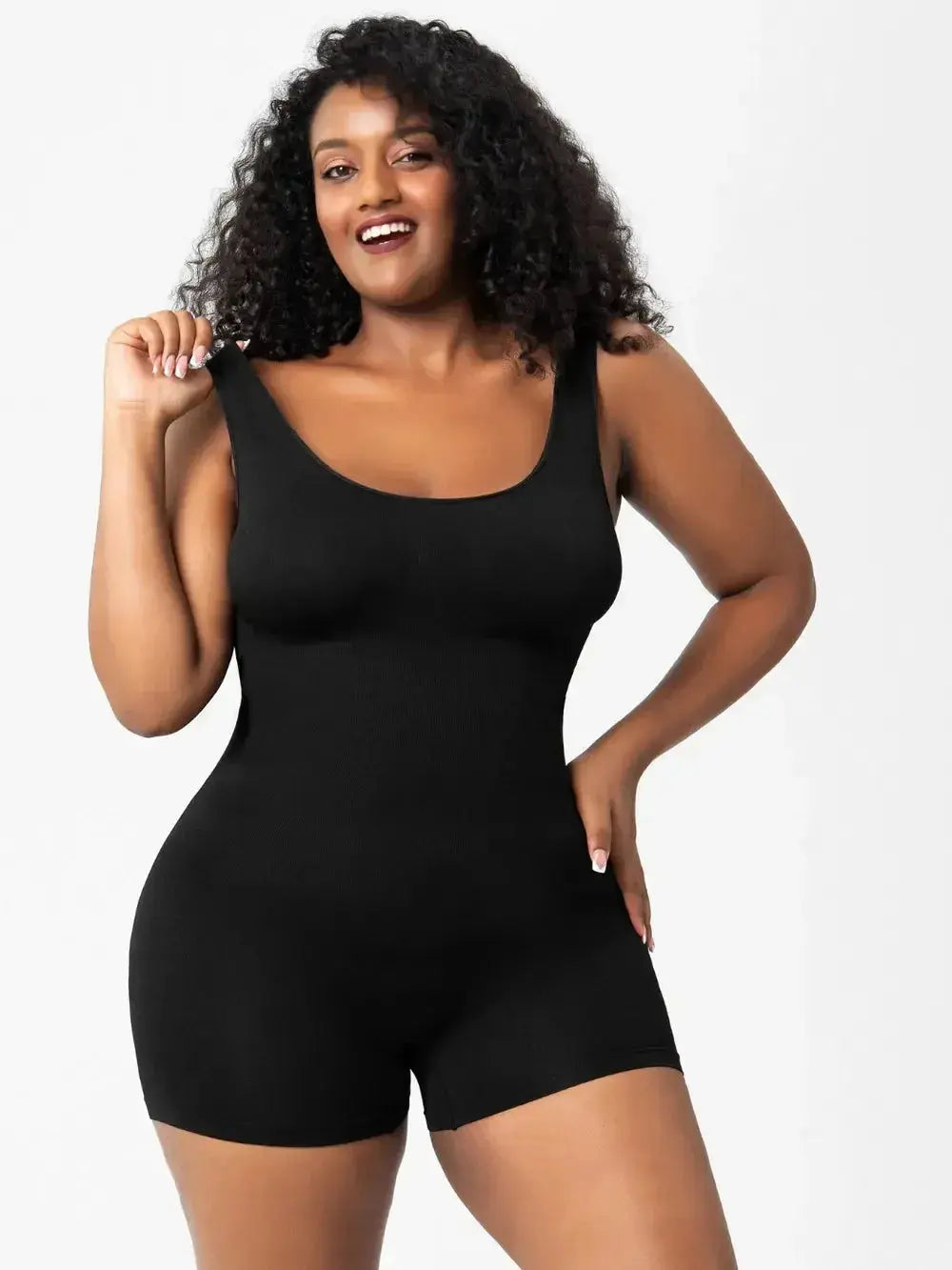 Women wearing a scoop neck wide strap shaping romper, a comfortable bodycon bodysuit ideal for loungewear or pajamas.
