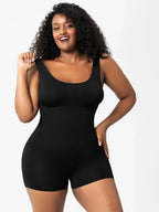 Women wearing a scoop neck wide strap shaping romper, a comfortable bodycon bodysuit ideal for loungewear or pajamas.