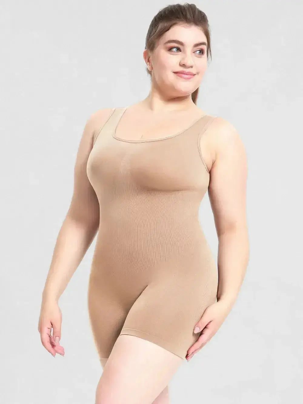 Women’s scoop neck wide strap shaping romper, comfortable bodycon bodysuit, ideal as stylish pajamas or loungewear.