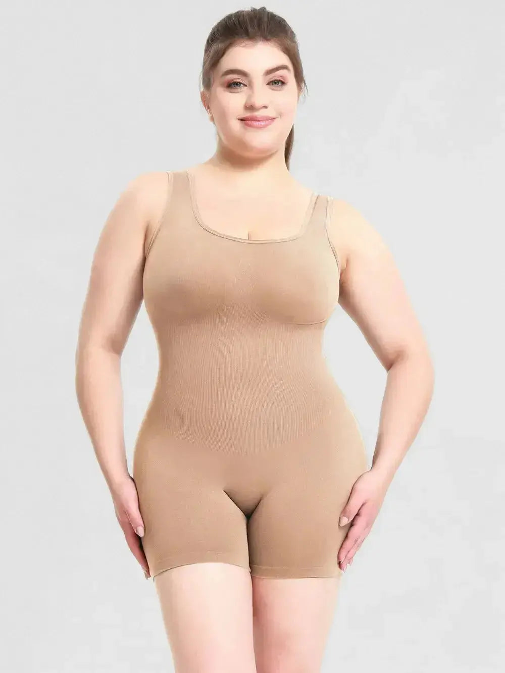 Women’s scoop neck wide strap shaping romper, comfortable bodycon bodysuit, stylish pajama jumpsuit with fitted design.