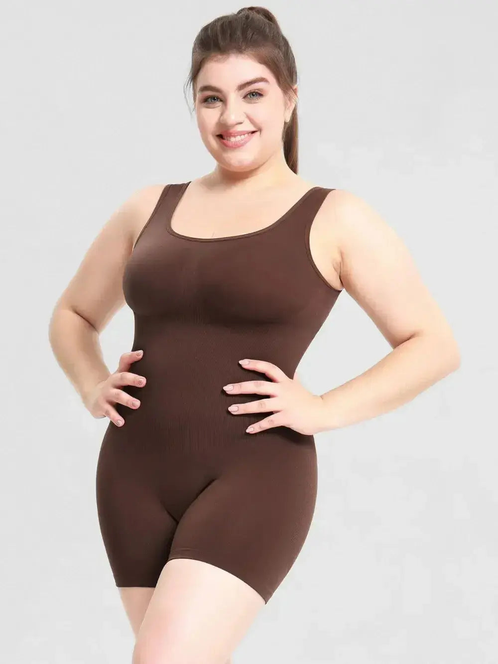 Women’s scoop neck wide strap shaping romper by Trendsi, featuring a comfortable bodycon fit, ideal as stylish pajamas or bodysuit.