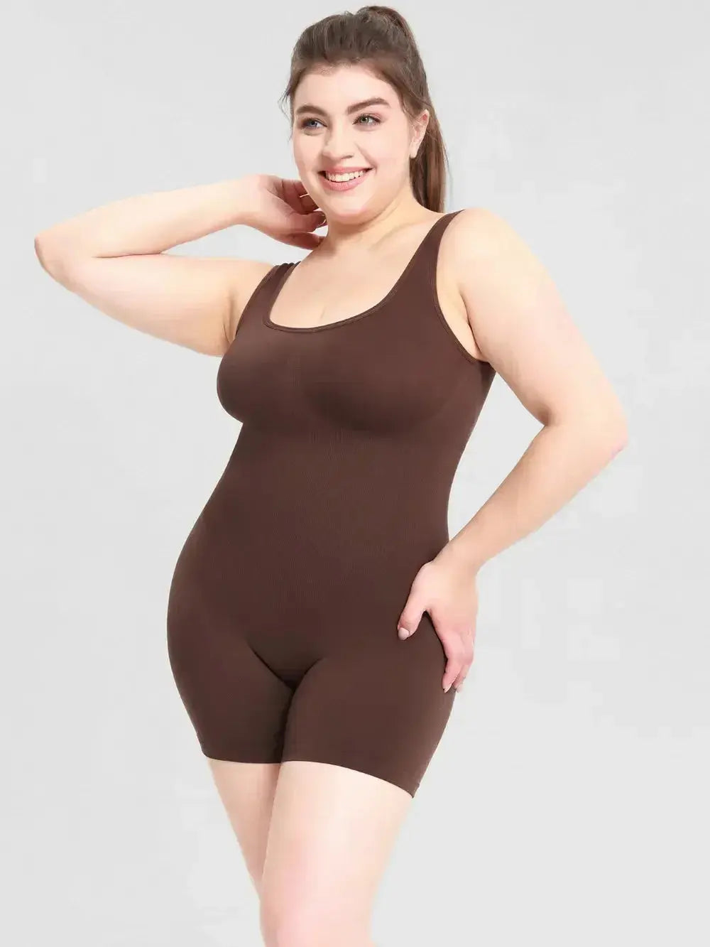 Women’s scoop neck wide strap shaping romper pajama by Trendsi, comfortable bodycon bodysuit for lounging or sleep.