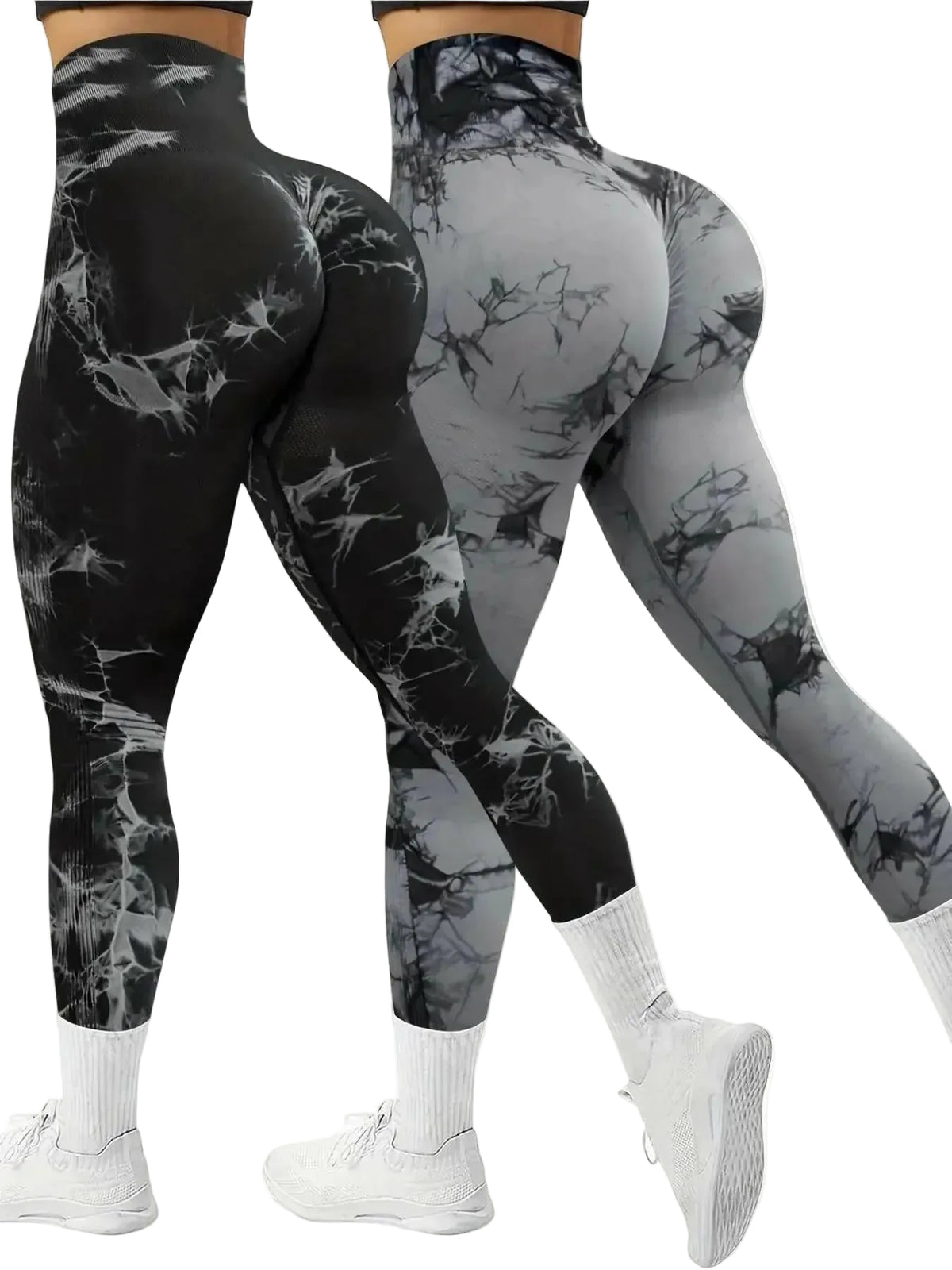 Women’s seamless tie-dye high-waist yoga leggings from Plush Fashion Hub, showing vibrant pattern and stretchy fit in a 2-pack.