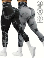 Women’s seamless tie-dye yoga leggings by Plush Fashion Hub, high-waist activewear, showing vibrant tie-dye patterns and stretch fabric.