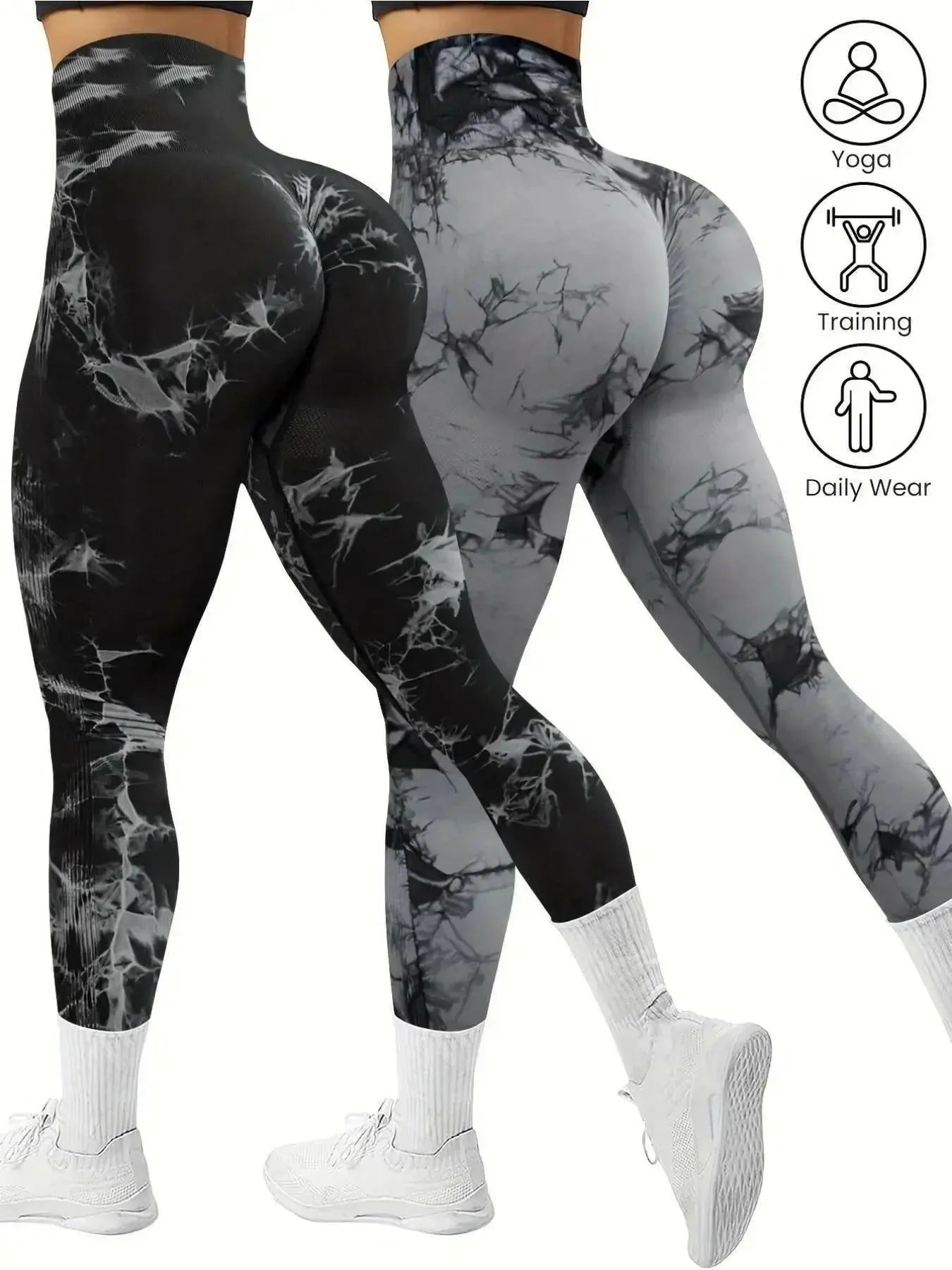 Women’s seamless tie-dye yoga leggings by Plush Fashion Hub, high-waist activewear, showing vibrant tie-dye patterns and stretch fabric.