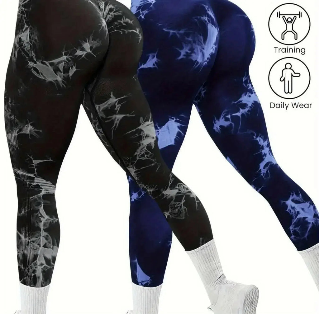 Women’s seamless tie-dye yoga leggings from Plush Fashion Hub, high-waist activewear set, stretchy and comfortable for workouts.