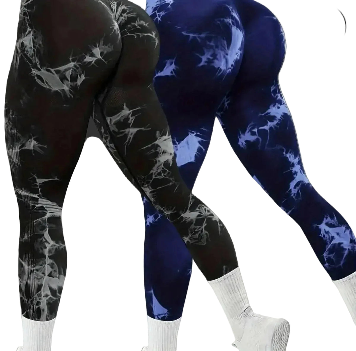 Women's tie-dye high-waist yoga leggings by Plush Fashion Hub, seamless, high-stretch activewear, shown in a 2-pack.