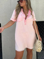 Women's short sleeve raw hem denim button-down dress by Plush Fashion Hub, featuring casual style and front button closure.