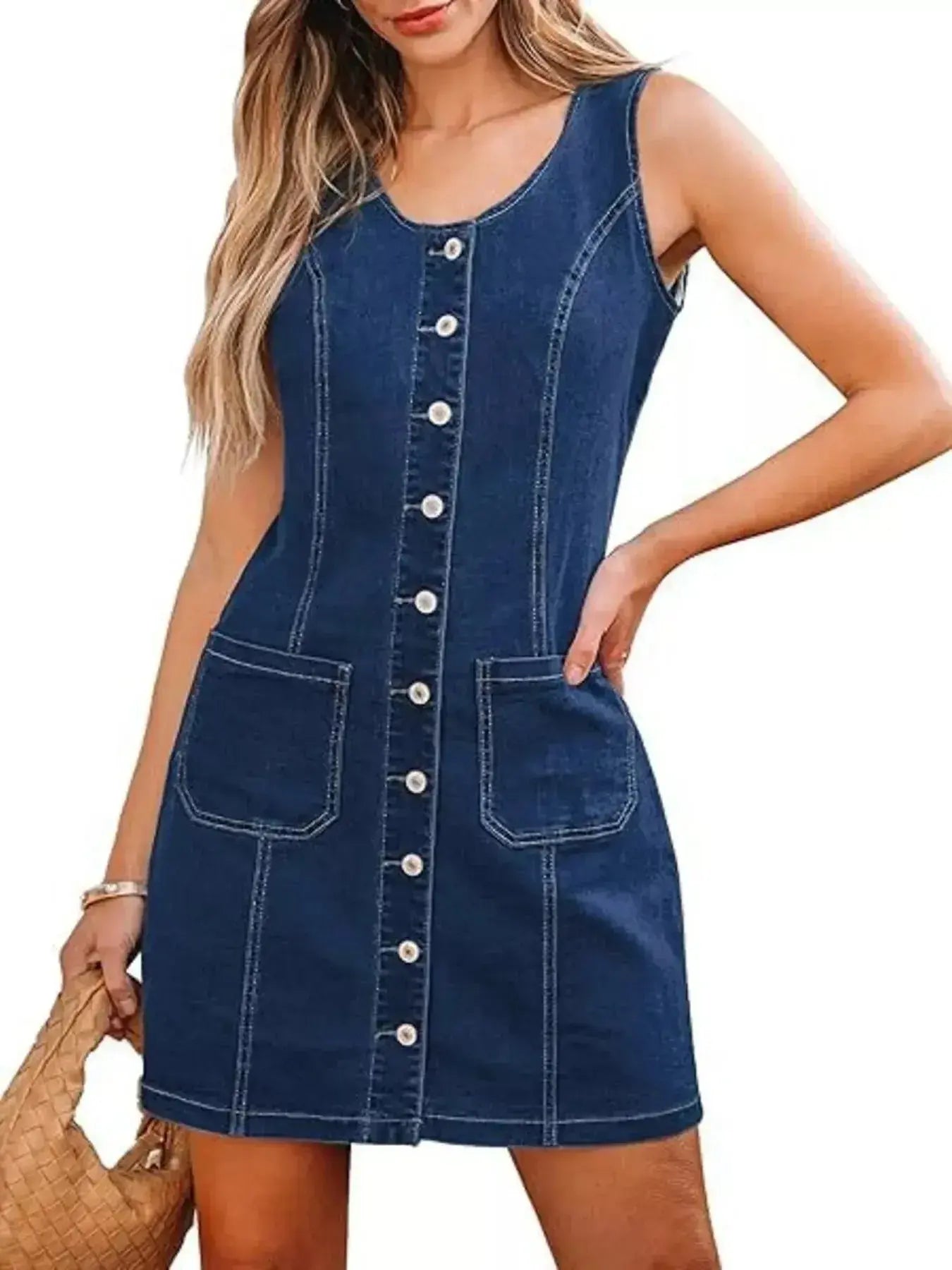Women’s sleeveless denim dress with button-front closure and front pockets, stylish Trendsi casual summer dress.