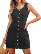 Women's sleeveless denim dress with button front and pockets, stylish Trendsi denim dress for casual wear.