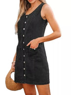 Women’s sleeveless denim dress with button-front closure and pockets, stylish casual dress by Trendsi.