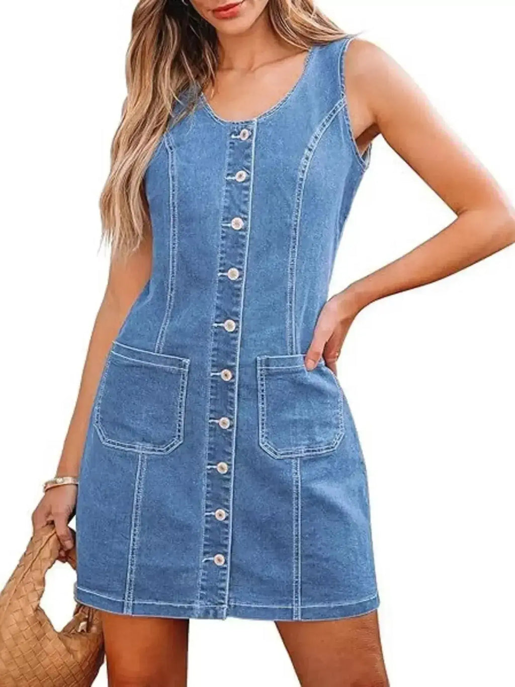 Women’s sleeveless denim dress with button front and pockets, stylish Trendsi casual summer outfit.