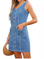 Women's sleeveless denim dress with button front and pockets, trendy Trendsi casual summer dress, stylish and comfortable.