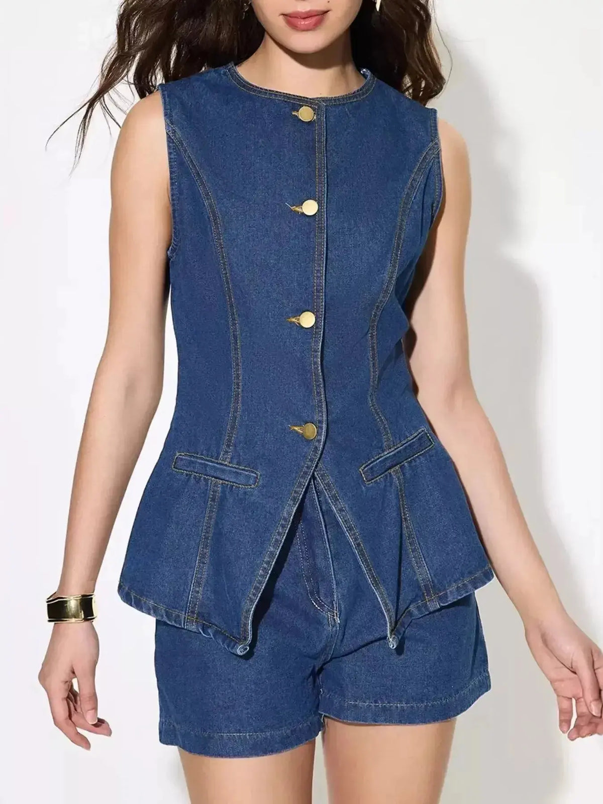 Women’s sleeveless denim button-up top and shorts matching set by Plush Fashion Hub, casual summer outfit with trendy denim fabric.