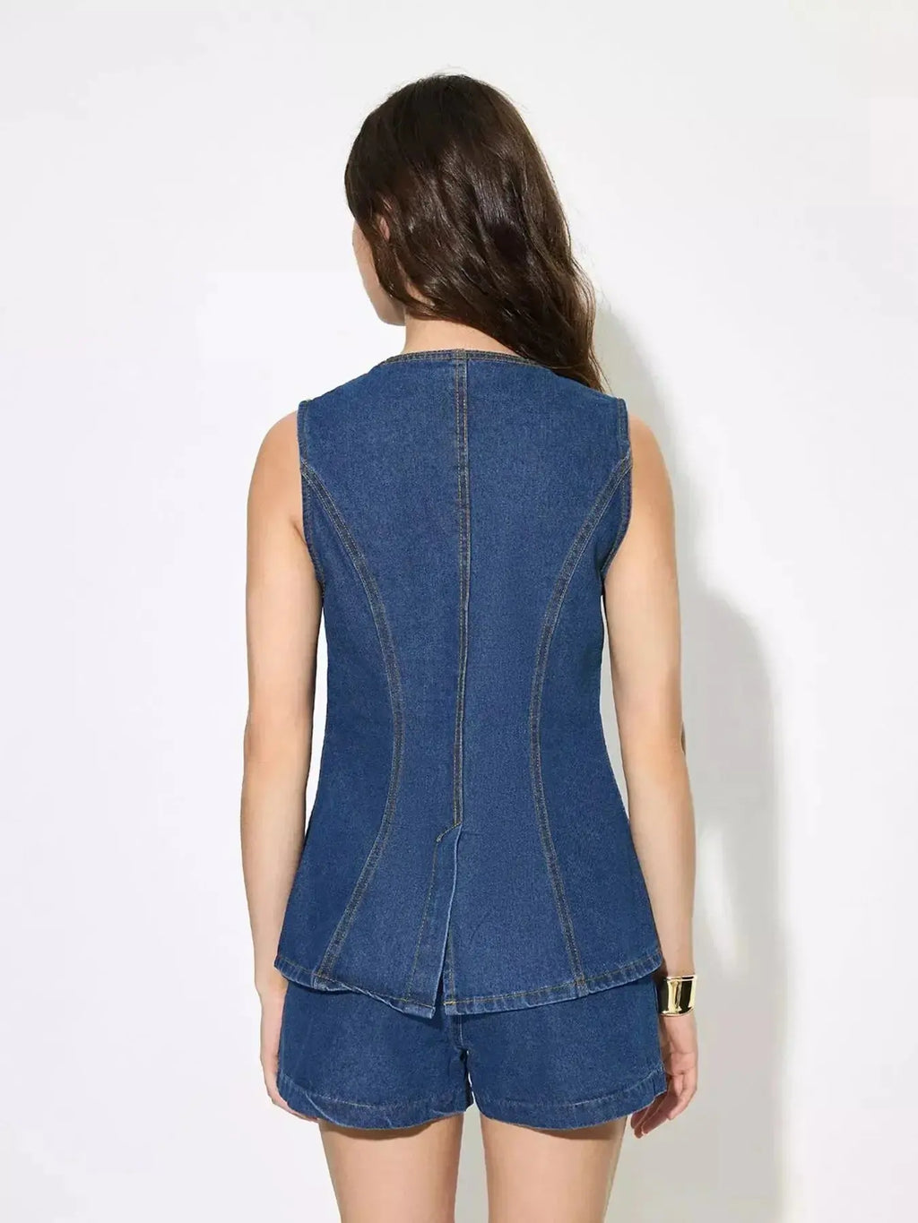 Women’s sleeveless denim button-up top and matching shorts set, trendy casual outfit by Trendsi.