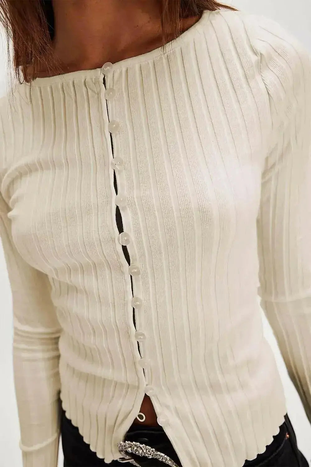 Women’s soft stretch button-up long sleeve casual top from Plush Fashion Hub with a round neckline and relaxed fit.