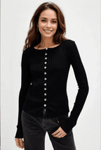 Women’s soft stretch button-up long sleeve casual top by Plush Fashion Hub with a round neck and relaxed fit.