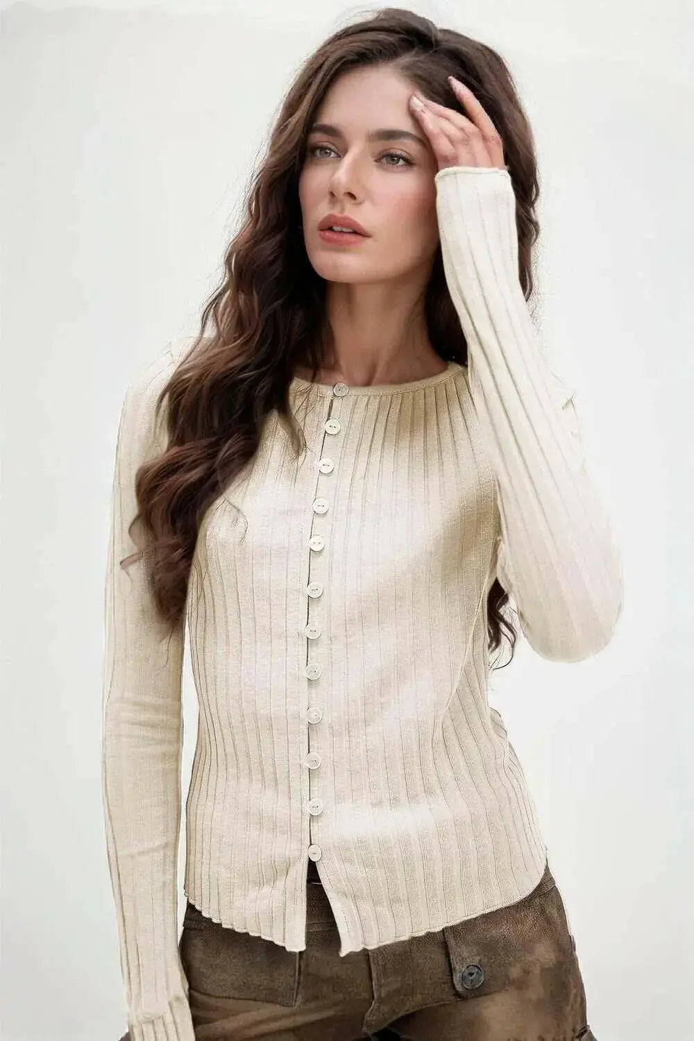 Women’s soft stretch button-up long sleeve casual top by Plush Fashion Hub with round neckline and relaxed fit.