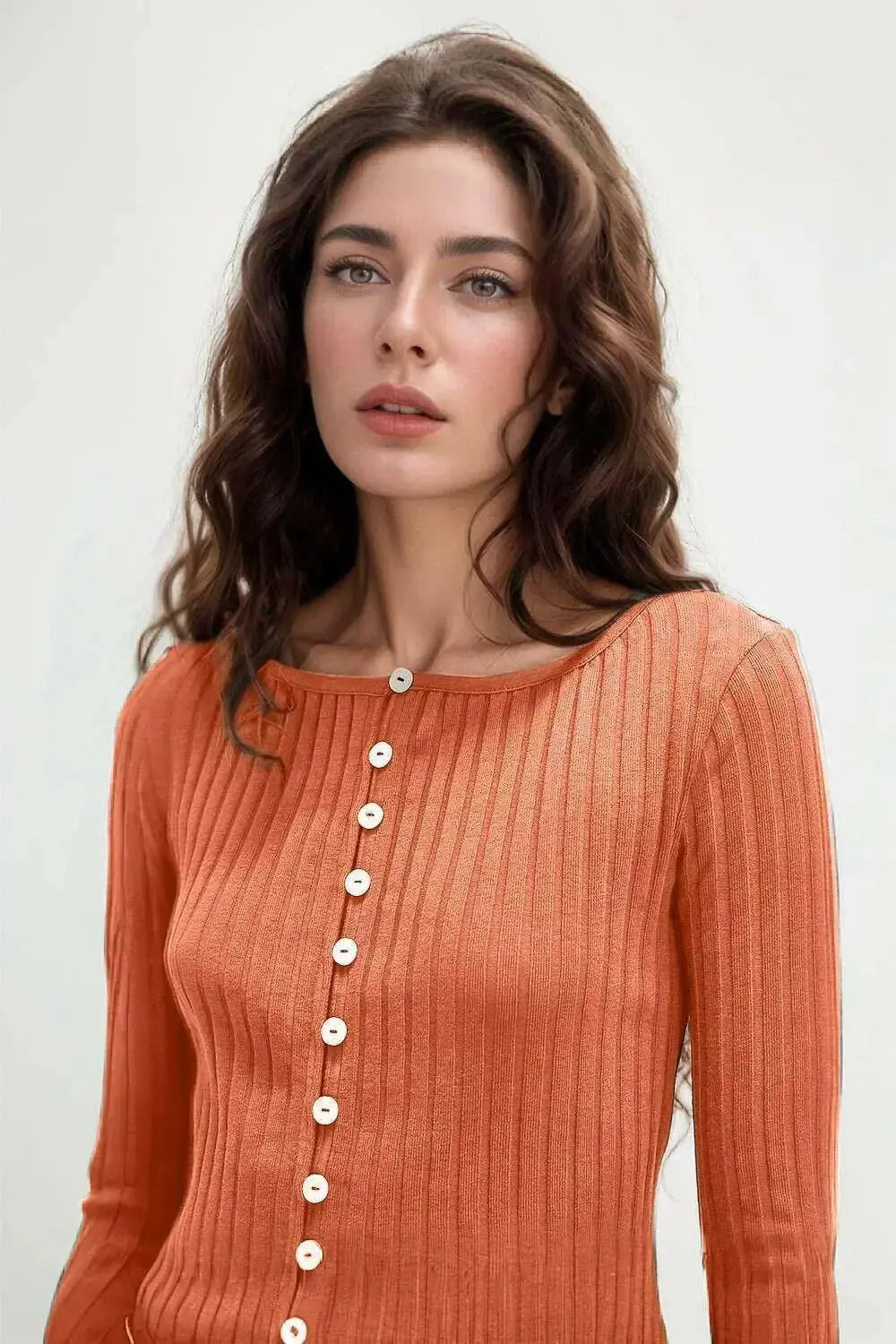 Women’s soft stretch button-up long sleeve casual top by Plush Fashion Hub, featuring a round neck and comfortable fit.