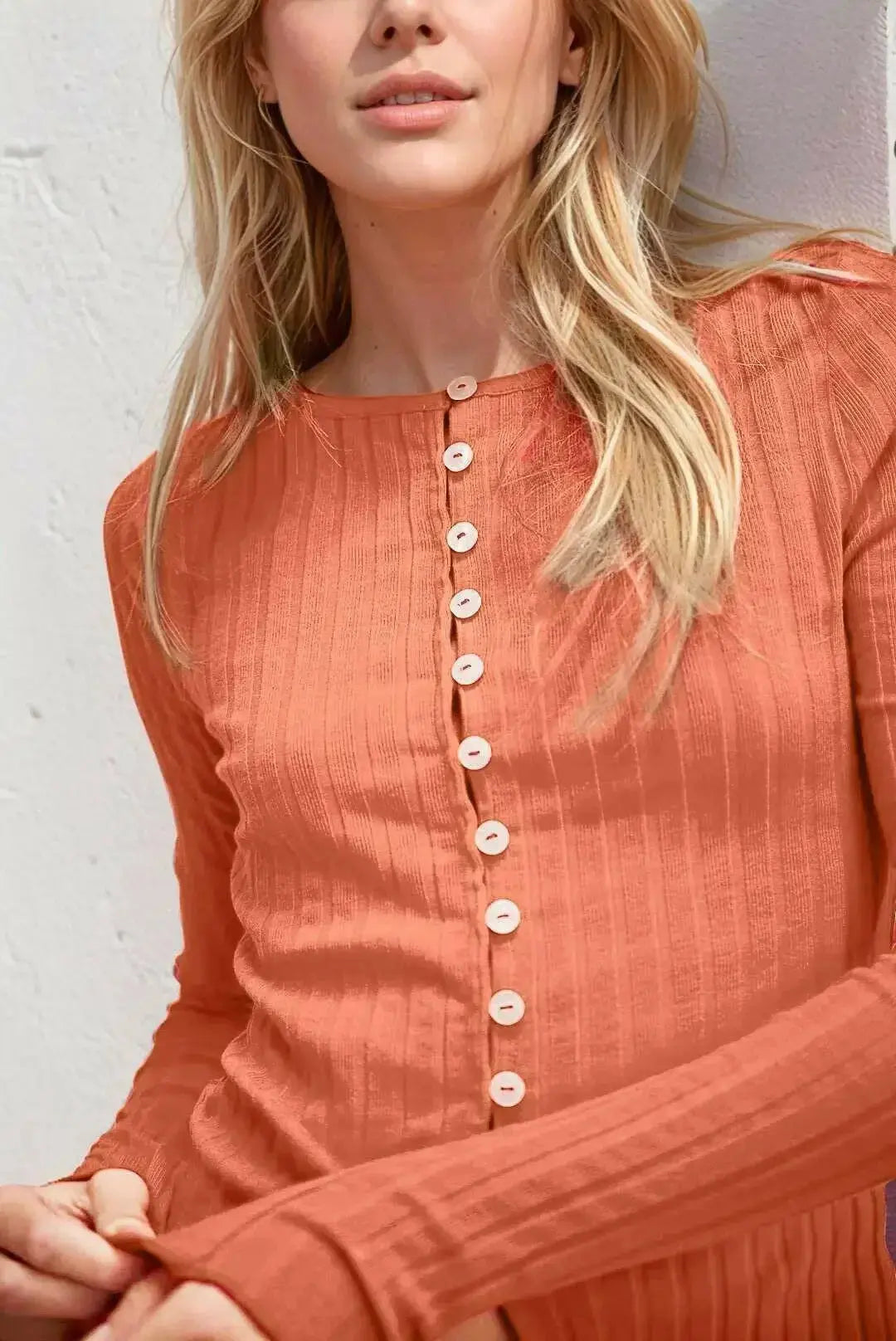 Women’s soft stretch button-up round neck long sleeve casual top by Plush Fashion Hub, featuring a relaxed fit and versatile style.