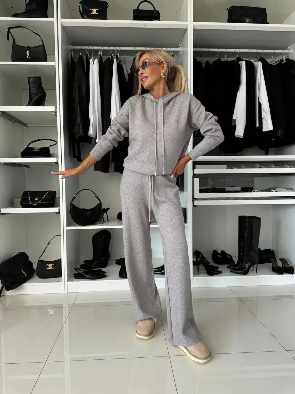 Women's solid color hooded sweatshirt and wide leg pant lounge set from Plush Fashion Hub, casual activewear outfit.