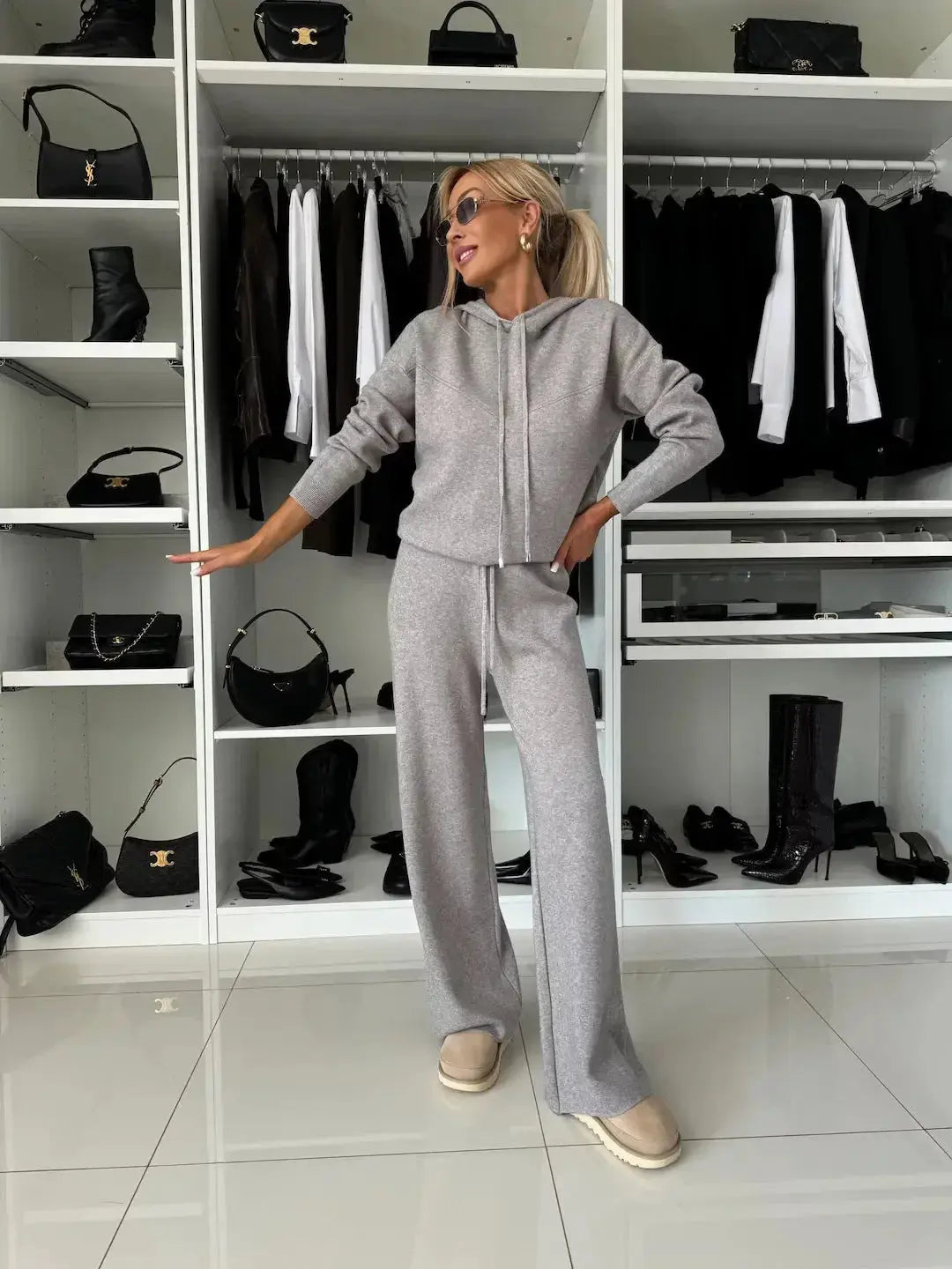 Women's solid color hooded sweatshirt and wide leg pant lounge set from Plush Fashion Hub, casual activewear outfit.