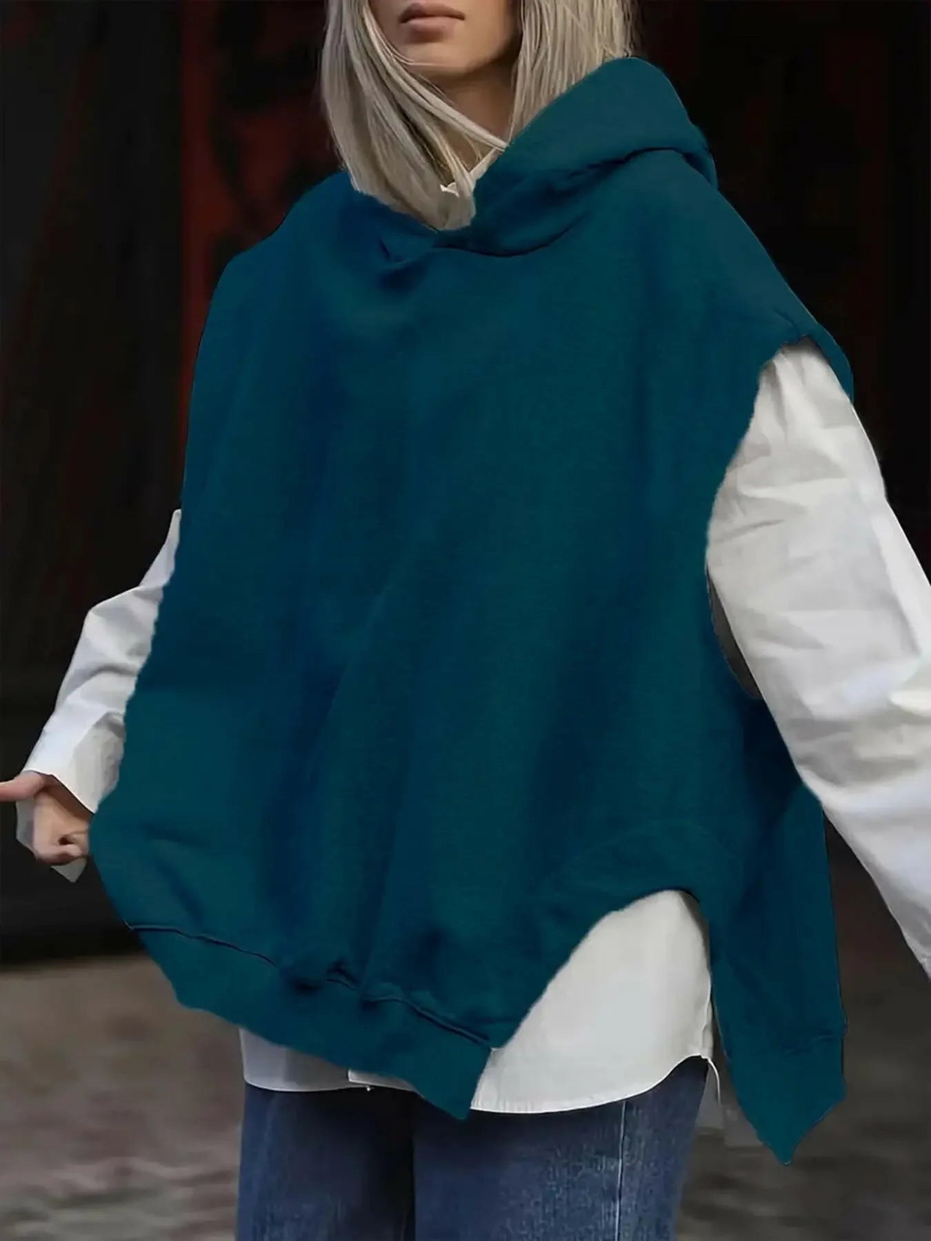 Women's Solid Color Style Loose Sleeveless Hooded Jacket Sweater - Plush Fashion Hub