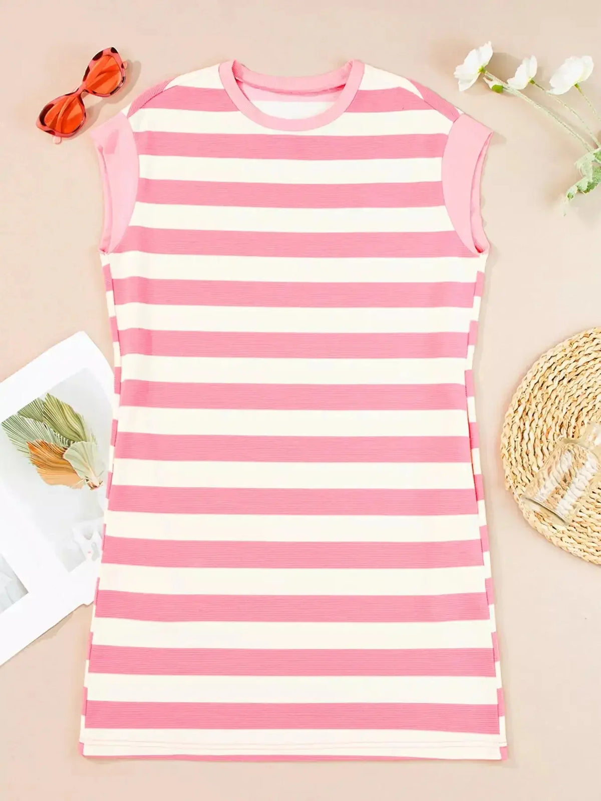 Striped cap sleeve shift dress for women with pockets by Plush Fashion Hub, casual and stylish summer dress.