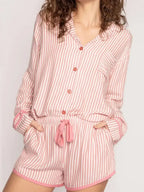 Women's striped collared long sleeve top and shorts lounge set by Trendsi, comfortable pajama sleepwear for women.