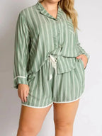 Women's striped collared long sleeve pajama top and shorts lounge set by Trendsi, comfortable sleepwear ensemble.