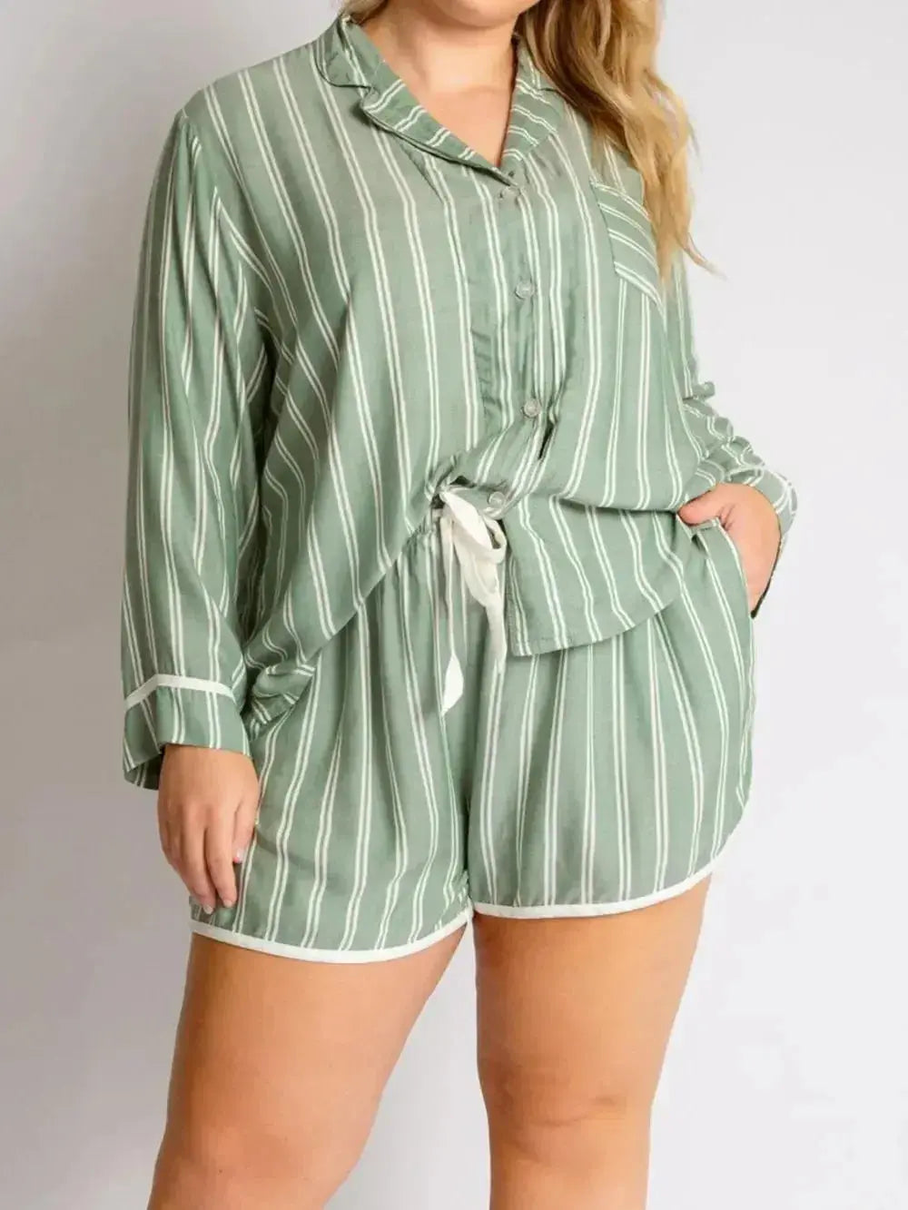 Women's striped collared long sleeve pajama top and shorts lounge set by Trendsi, comfortable sleepwear ensemble.