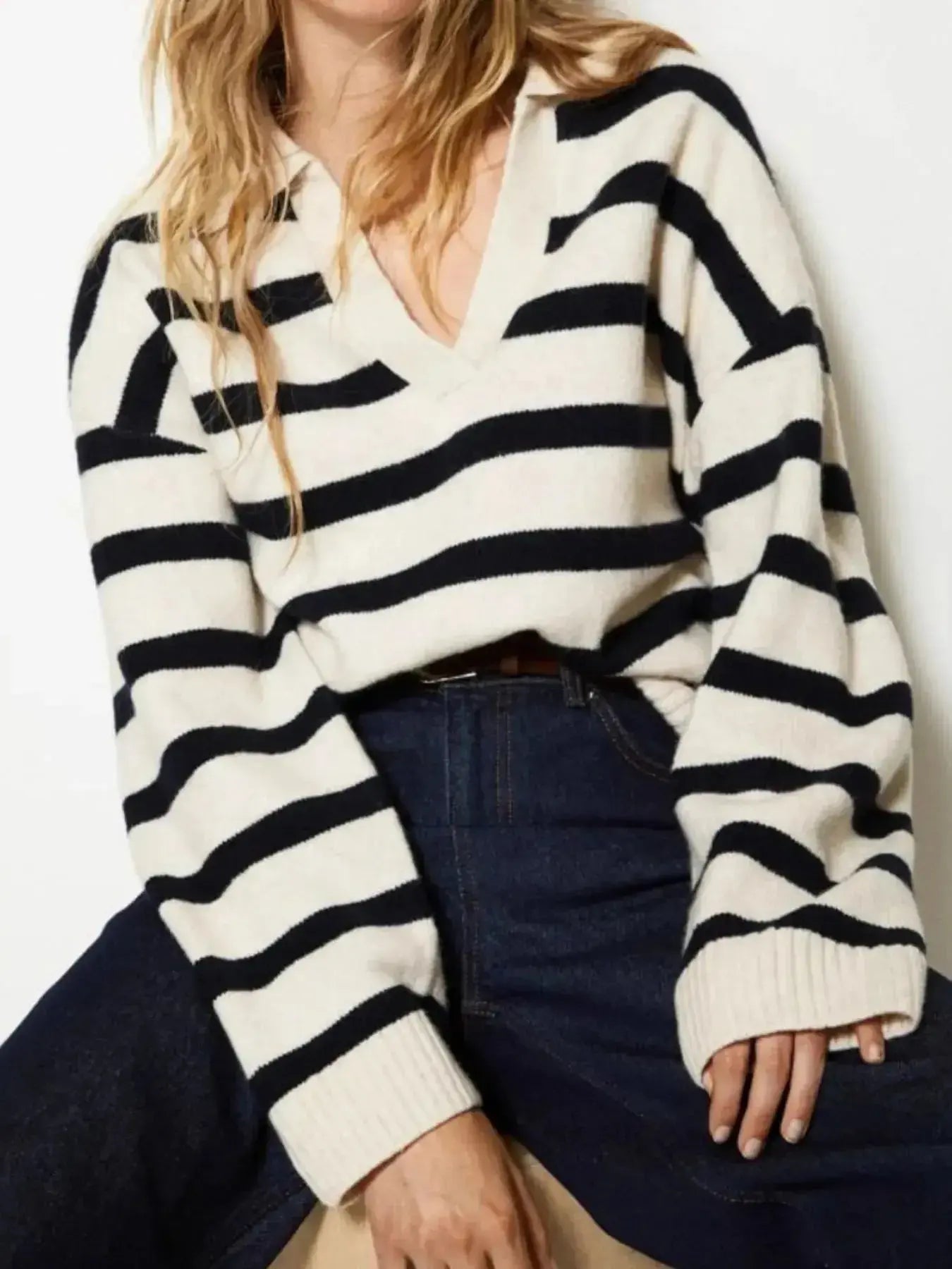 Women's striped Johnny collar long sleeve knit sweater by Trendsi, featuring soft, casual pullover with a stylish striped pattern.