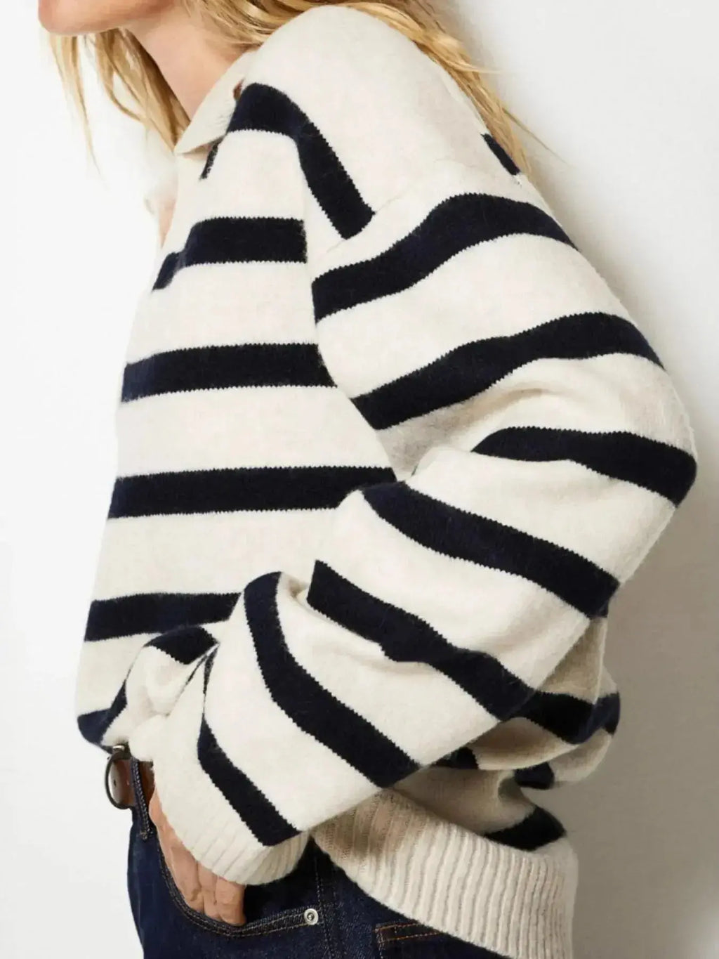 Women's striped Johnny collar long sleeve knit sweater by Trendsi, soft casual pullover with a stylish, cozy design.