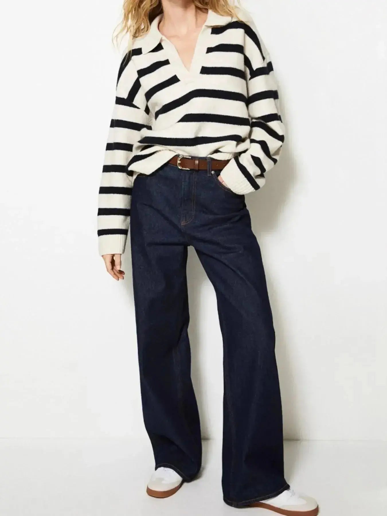 Women’s striped Johnny collar long sleeve knit sweater by Trendsi, soft casual pullover with a classic design and comfortable fit.