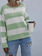 Women's striped long sleeve knit casual crewneck top from Trendsi, featuring a comfortable and stylish shirt with a classic design.