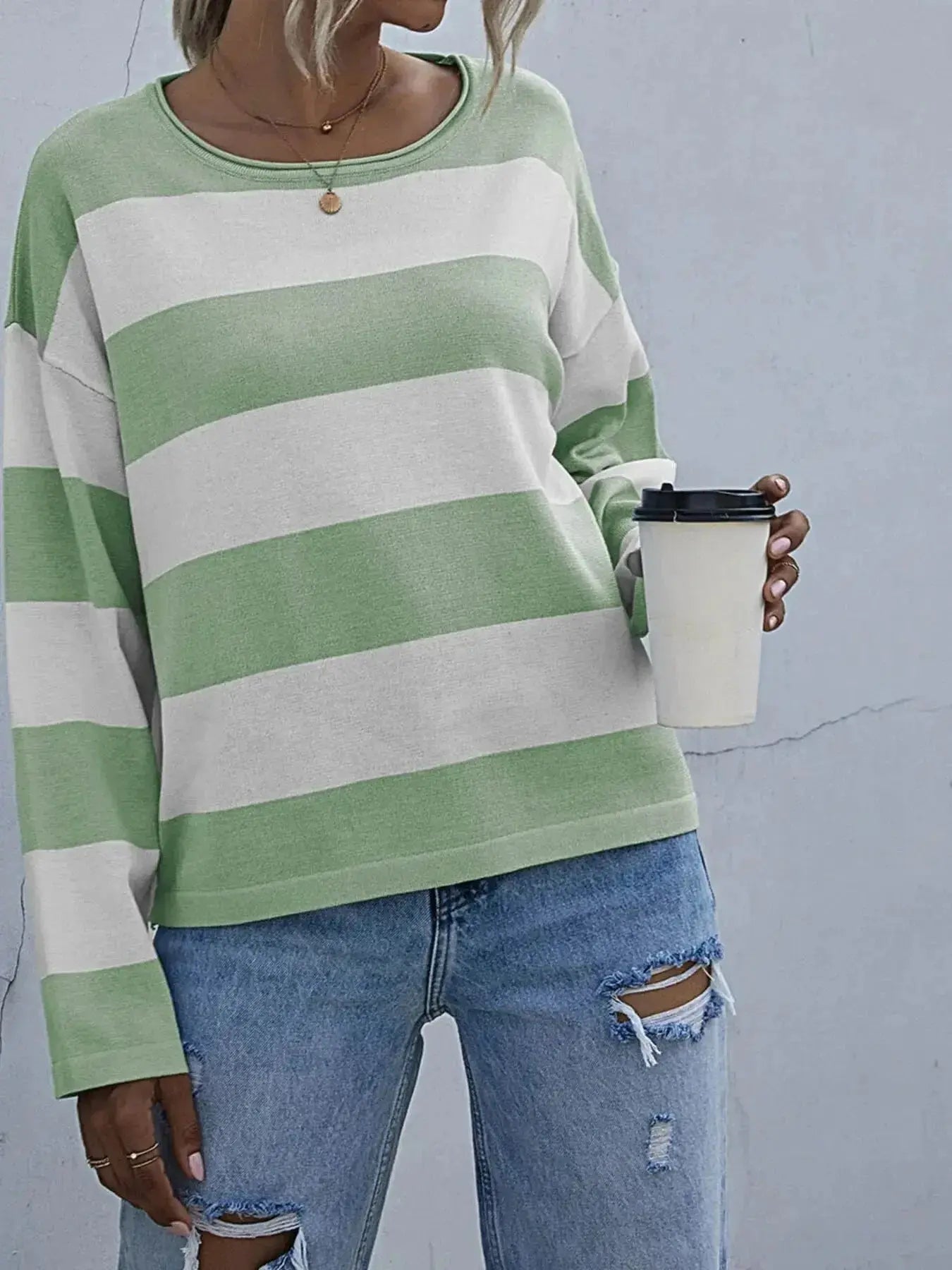 Women's striped long sleeve knit casual crewneck top from Trendsi, featuring a comfortable and stylish shirt with a classic design.