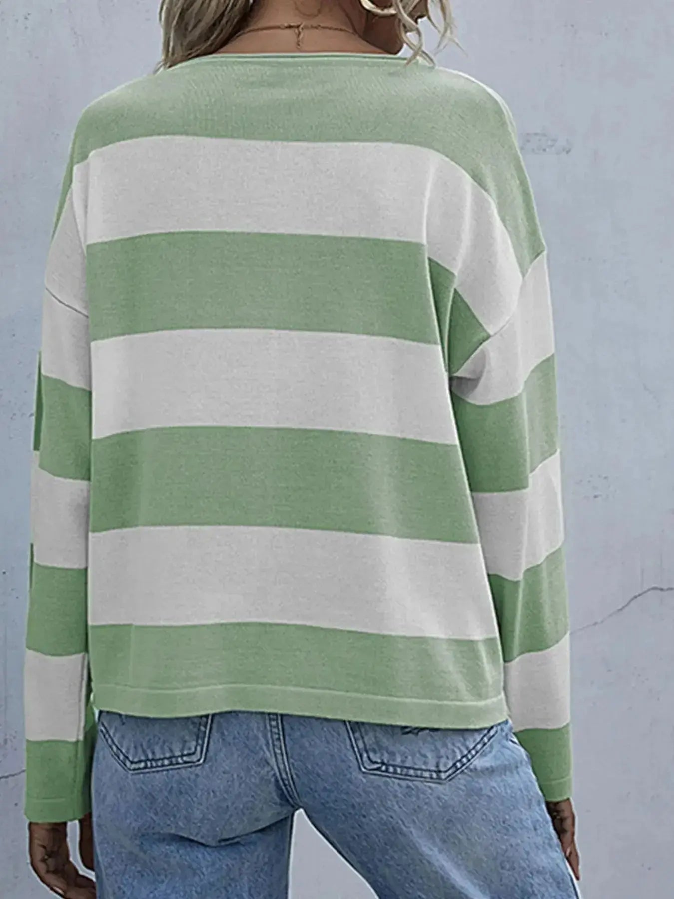 Women’s striped long sleeve knit crewneck top by Trendsi, casual and comfortable shirt with a stylish striped pattern.