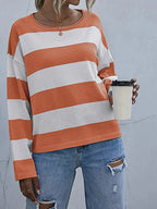 Women’s striped long sleeve knit casual crewneck top by Trendsi, featuring a comfortable fit and classic crewneck design.