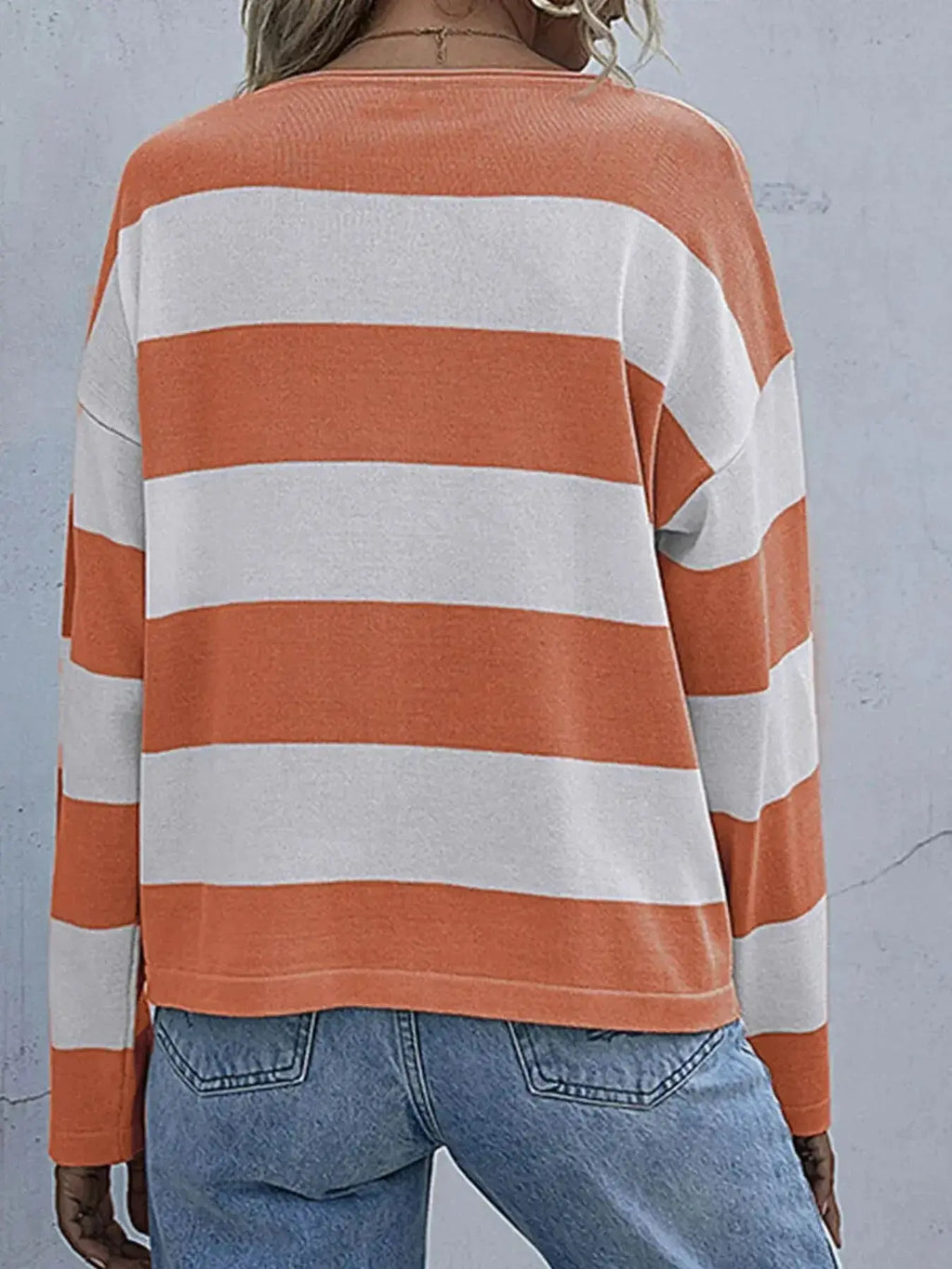 Women’s striped long sleeve knit casual crewneck top by Trendsi, featuring a comfortable fit and classic striped pattern.