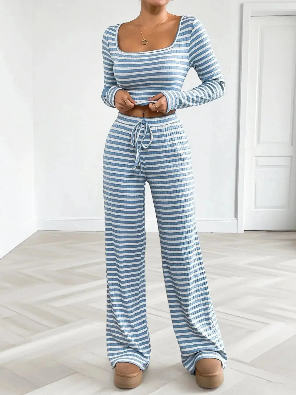 Women’s striped square neck long sleeve loungewear set with matching soft pants, stylish and comfortable for relaxed wear.