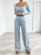 Women’s striped square neck long sleeve loungewear set with matching soft pants, stylish and comfortable for relaxed wear.