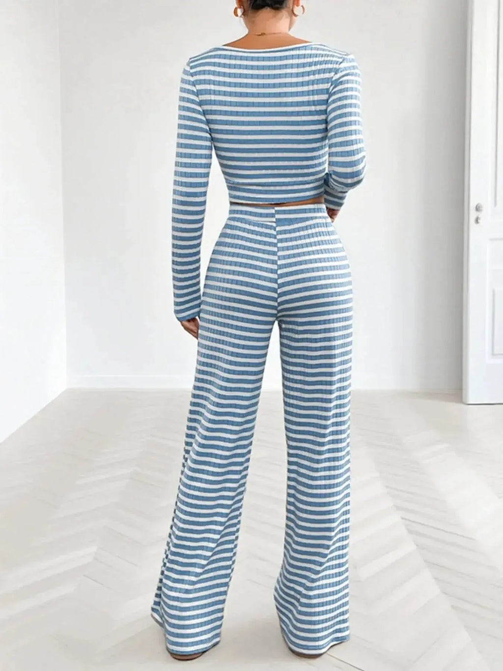 Women’s striped square neck long sleeve loungewear set with matching pants, soft and comfortable two-piece from Trendsi.