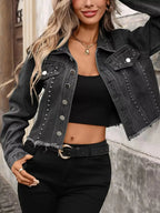 Women's studded raw hem denim jacket with distressed details, stylish and trendy denim jacket by Trendsi.