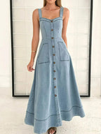 Women's sweetheart neck denim dress with pockets, casual blue jean style by Trendsi, featuring a fitted bodice and functional side pockets.