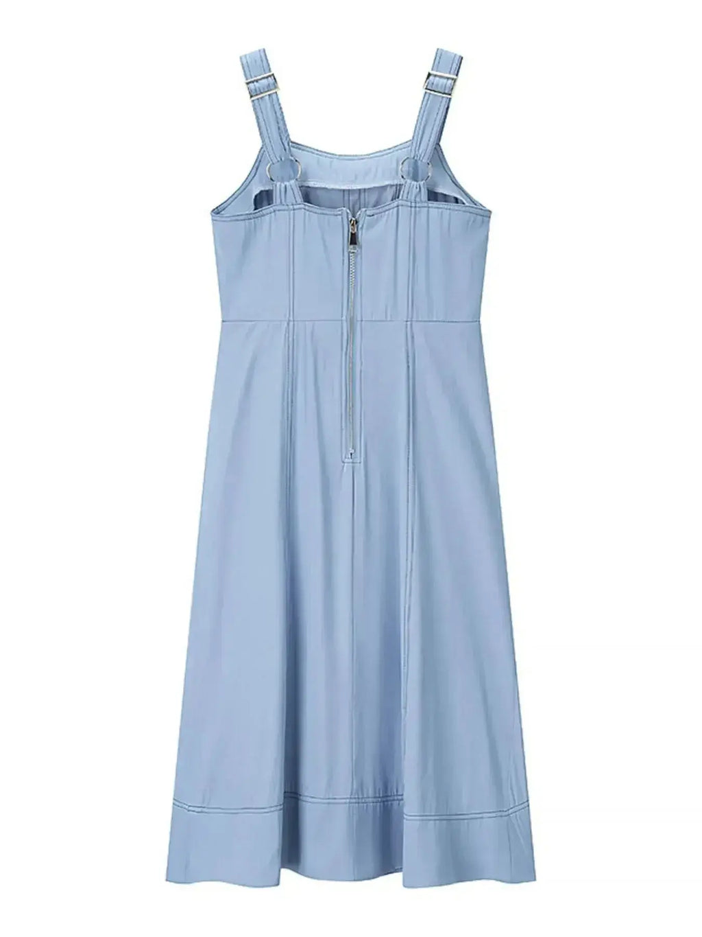 Women’s sweetheart neck denim dress with pockets, casual blue jean style, by Trendsi, featuring a fitted silhouette and front pockets.