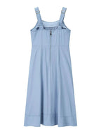 Women’s sweetheart neck denim dress with pockets, casual blue jean style, by Trendsi, featuring a fitted silhouette and front pockets.