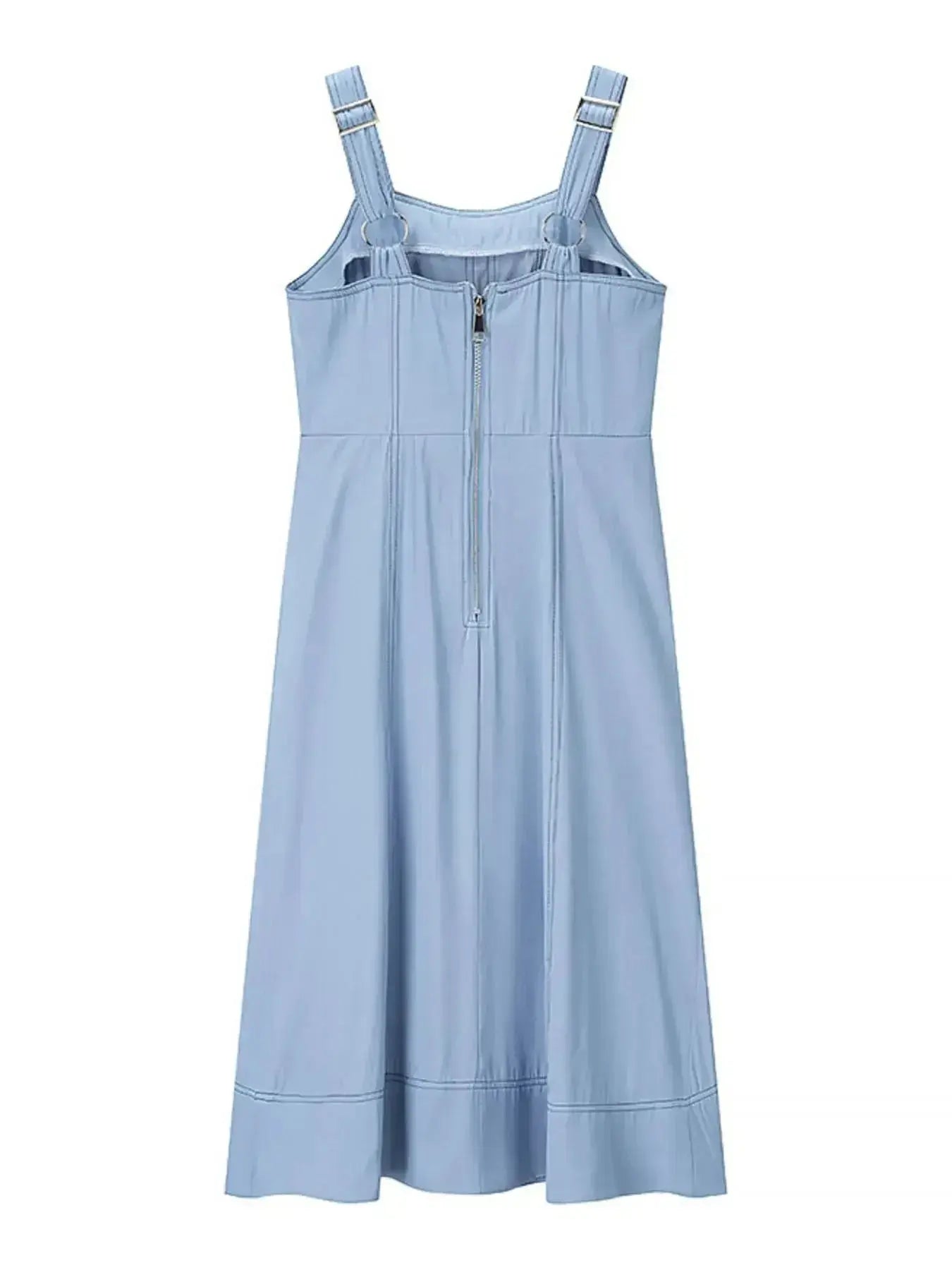 Women’s sweetheart neck denim dress with pockets, casual blue jean style, by Trendsi, featuring a fitted silhouette and front pockets.