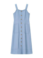 Women’s sweetheart neck denim dress with pockets, casual blue jean style by Trendsi, featuring a fitted bodice and relaxed skirt.