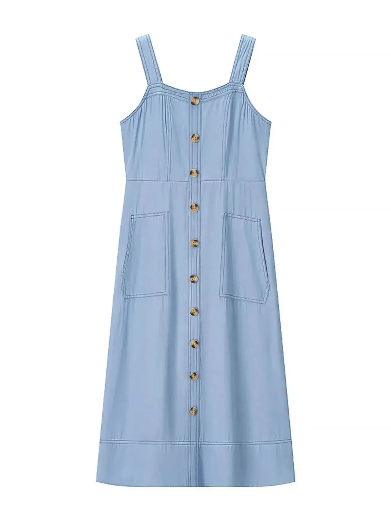 Women’s sweetheart neck denim dress with pockets, casual blue jean style by Trendsi, featuring a fitted bodice and relaxed skirt.