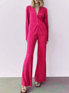 Women’s textured long sleeve lounge set with cozy button-up pajama top and matching pants, stylish two-piece sleepwear from Trendsi.
